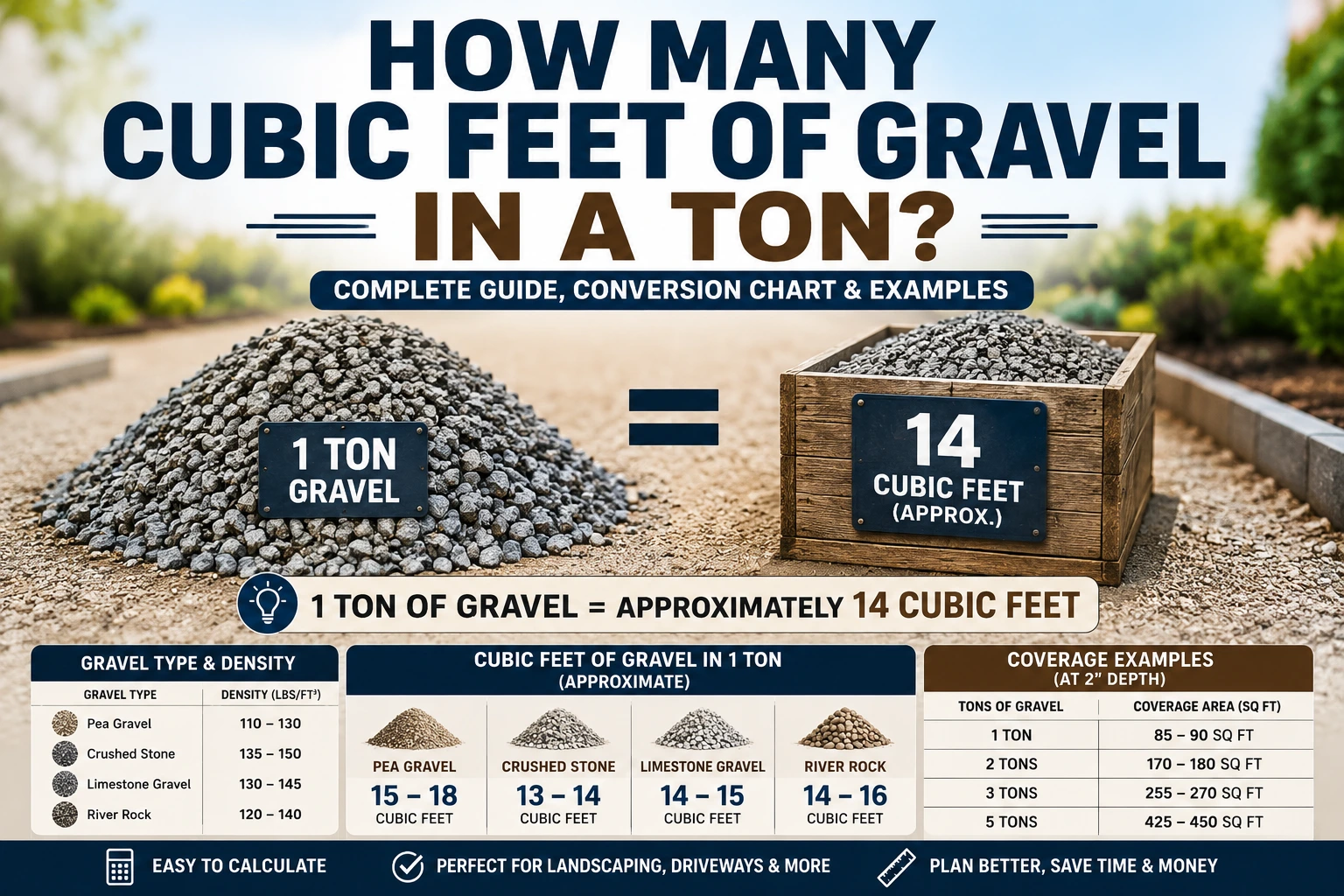 how many cubic feet of gravel in a ton