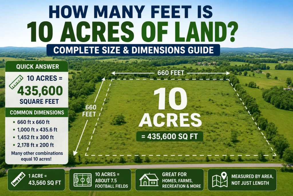 how many feet is 10 acres of land