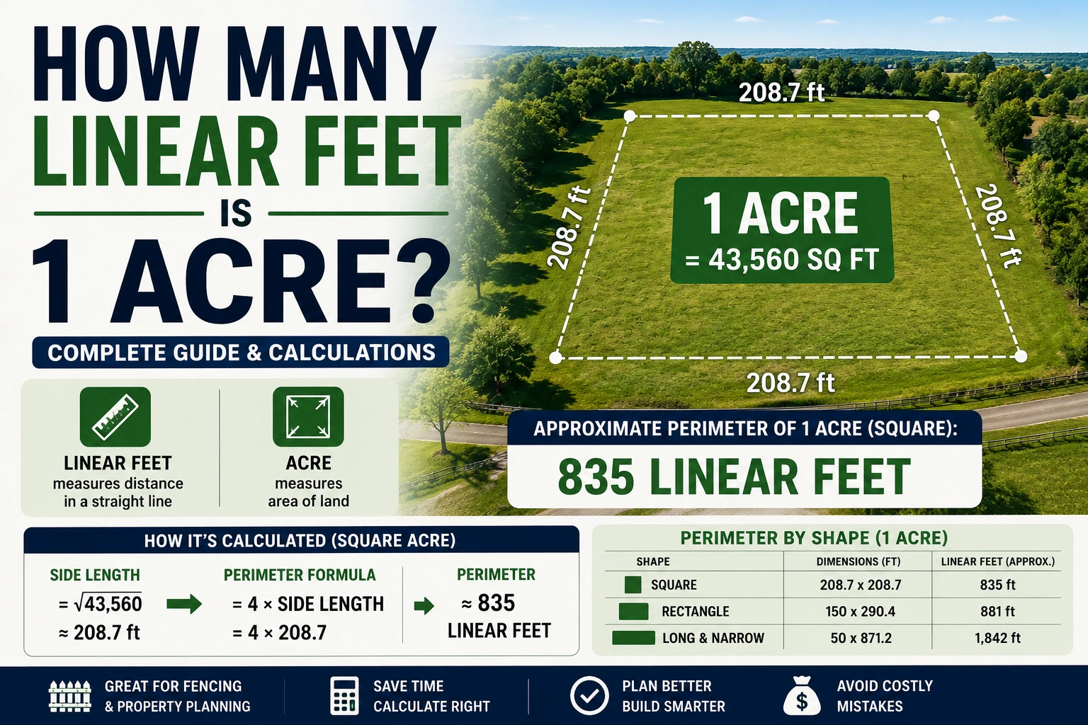 how many linear feet is 1 acre