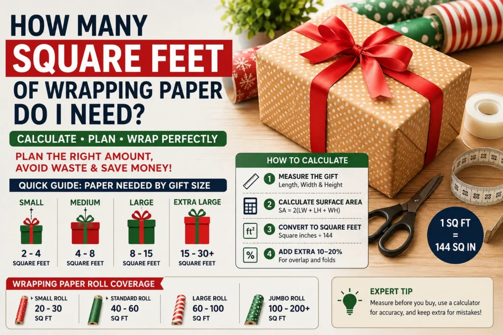 Wondering how many square feet of wrapping paper do I need? Learn easy calculations, gift size charts, and wrapping tips to avoid waste.