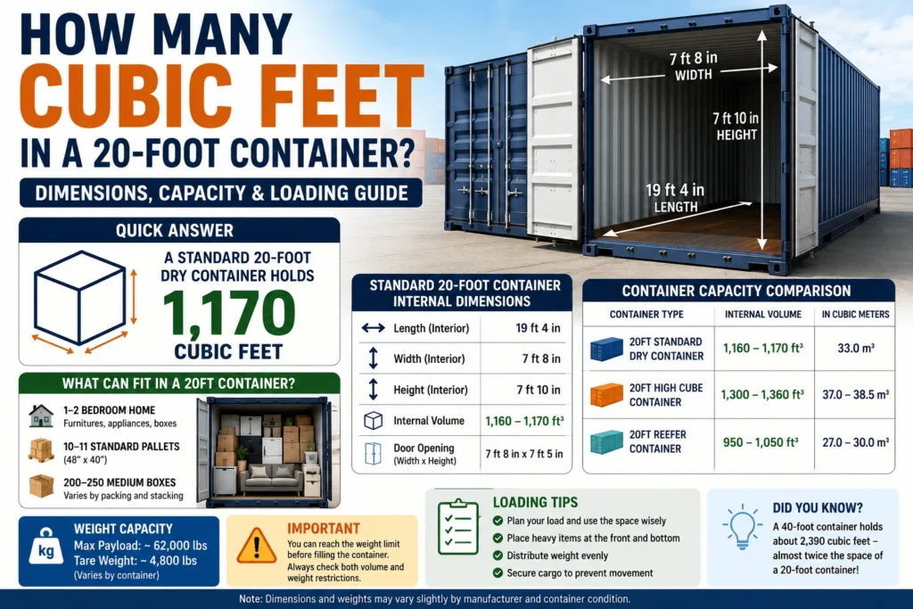 how many cubic feet in 20 foot container