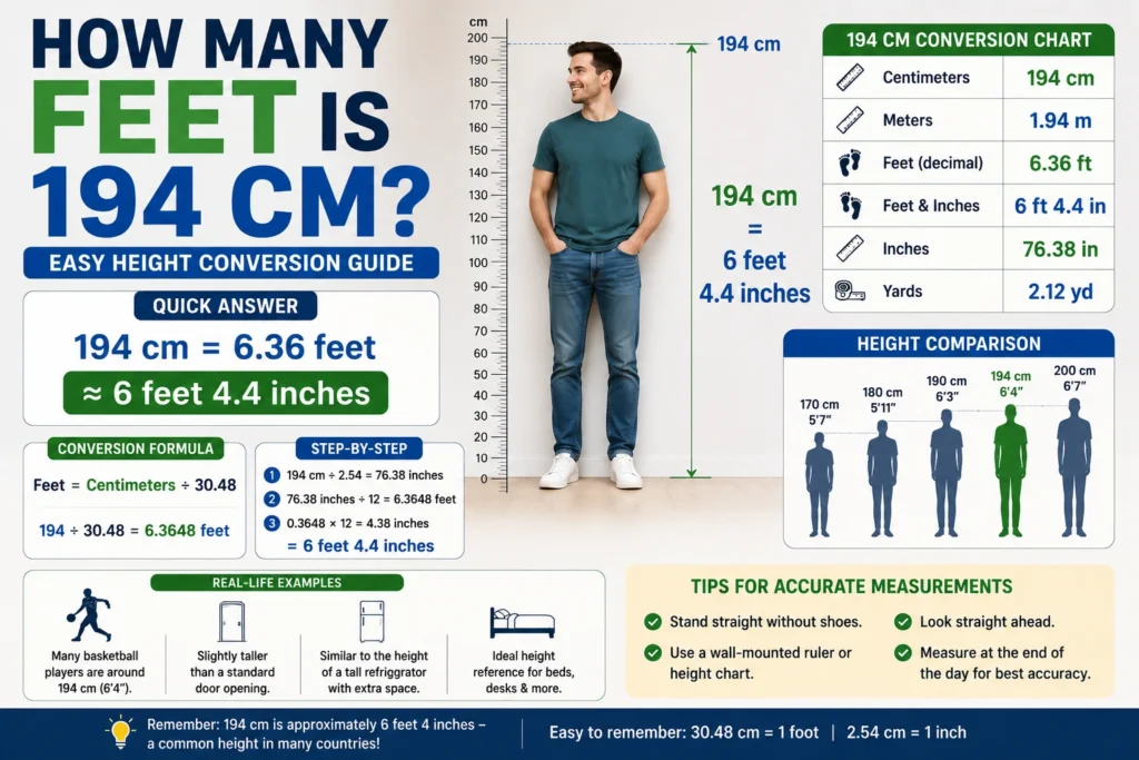 how many feet is 194 cm