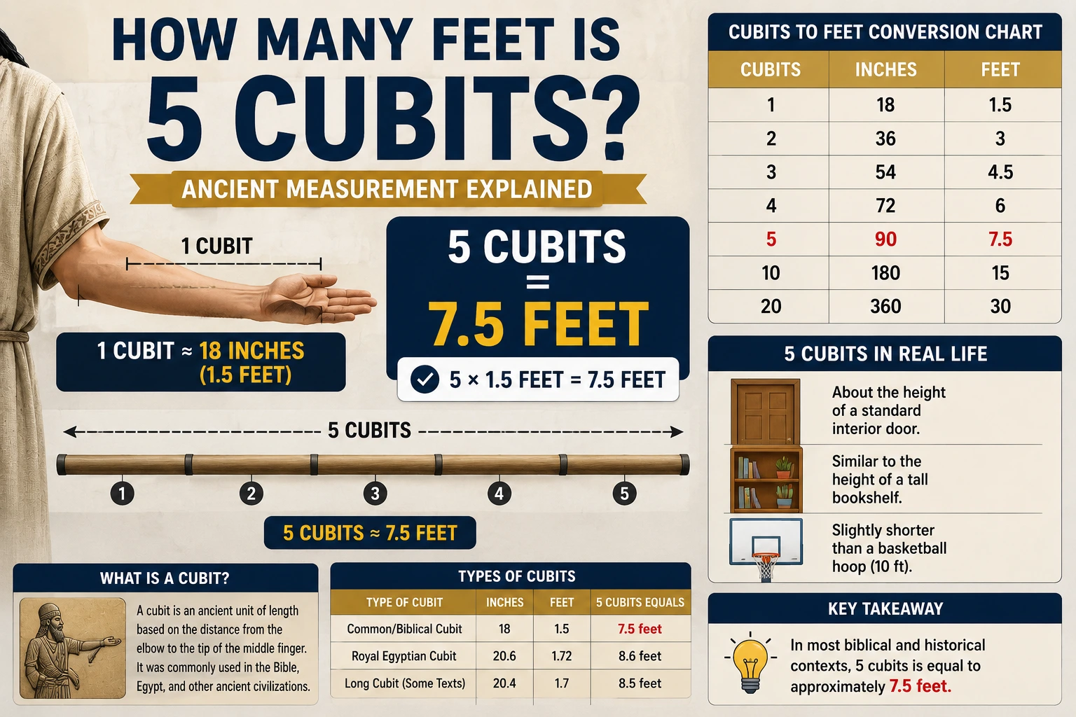 how many feet is 5 cubits