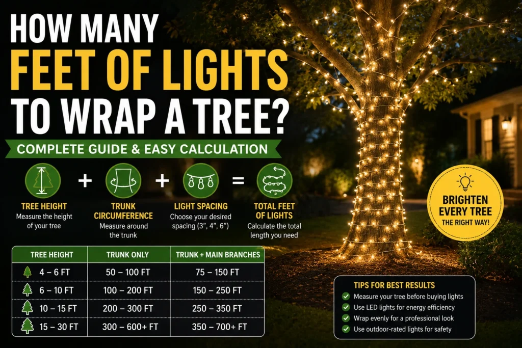 how many feet of lights to wrap a tree