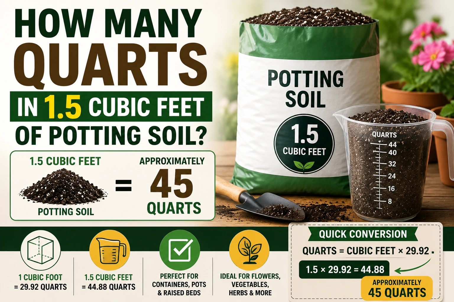 how many quarts in 1.5 cubic feet of potting soil