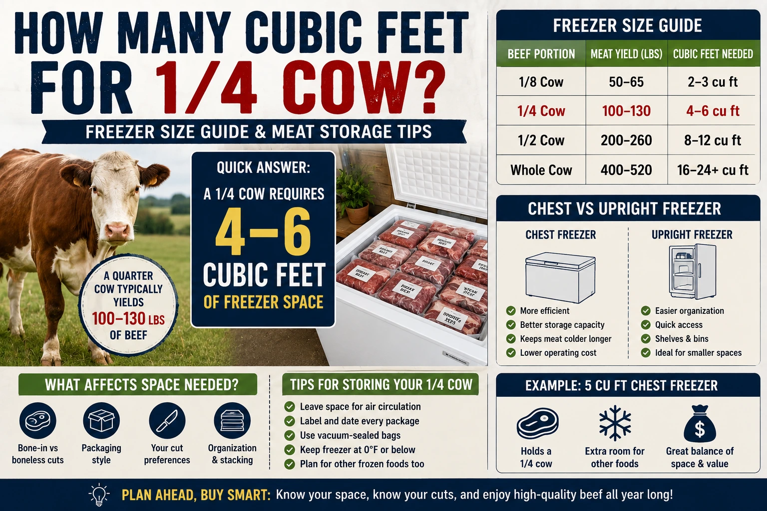 how many cubic feet for 1/4 cow