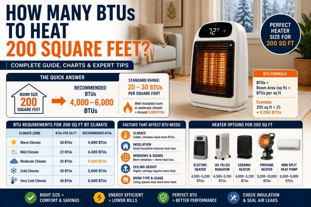 how many btus to heat 200 square feet