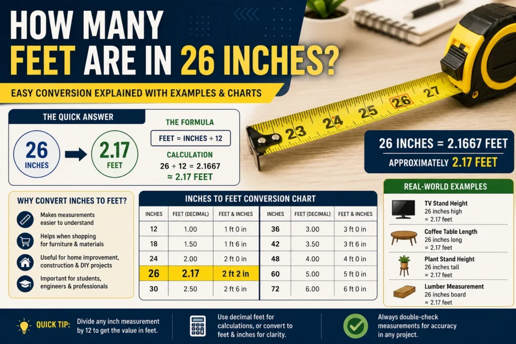 how many feet are in 26 inches