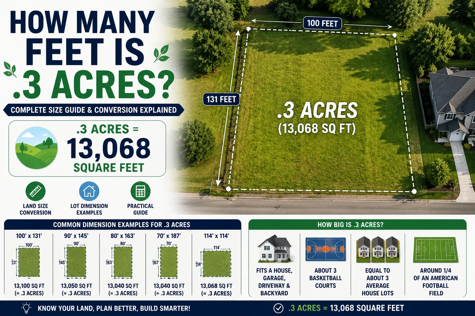 how many feet is .3 acres